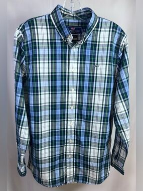 Kid’s Vineyard Vines Green & Blue Plaid Whale Shirt Long Sleeve Button Down